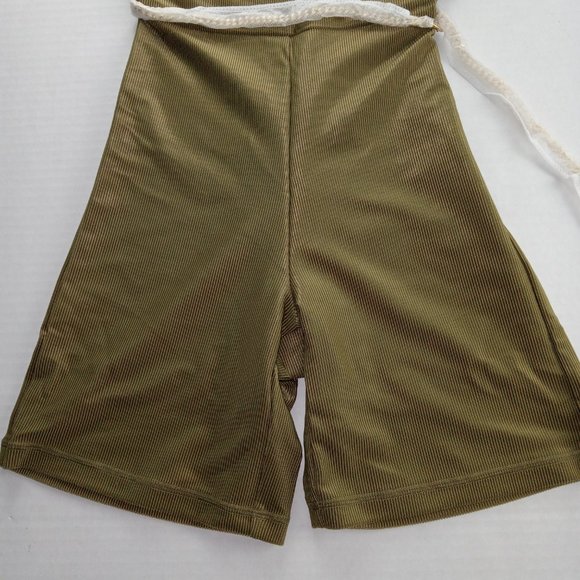 We Wore What Scoop Bodysuit Women's Size Small Green Ribbed Chain Belt Athletic - Picture 3 of 8